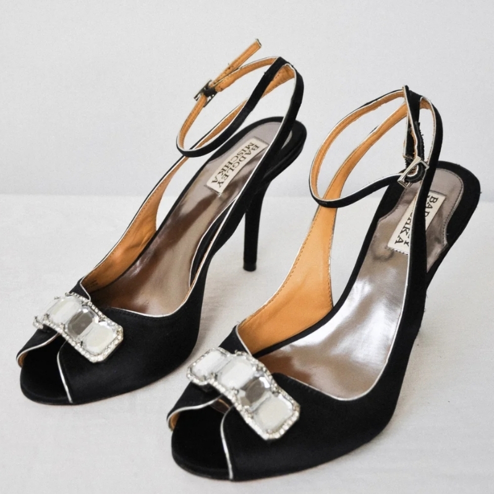 Badgley Mischka Black Satin Heels with Crystal Bow